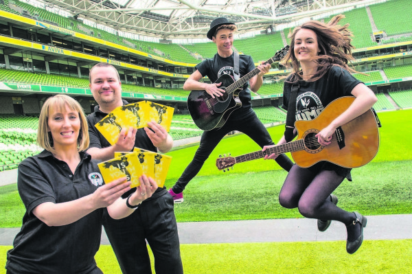 Mairéad Cluskey (President of Youth Work Ireland), Barry Lennon (Director of The Irish Youth Music Awards), Jake Mc Ardle (Youth Work Ireland Louth’s 2015 IYMAs Recipient) and Laura Duff (Limerick Youth Services Paul Clancy Songwriter Winner) launching the IYMAs album at the Aviva Stadium.