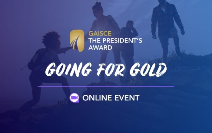 text: gaisce - the president's award, going for gold, online event. image - young people climbing a hill, one is helping the other up.