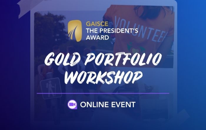 key text: gaisce - the president's award gold portfolio workshop. online event. image - a scrapbook of images showcasing volunteering, outdoor activities and photography.