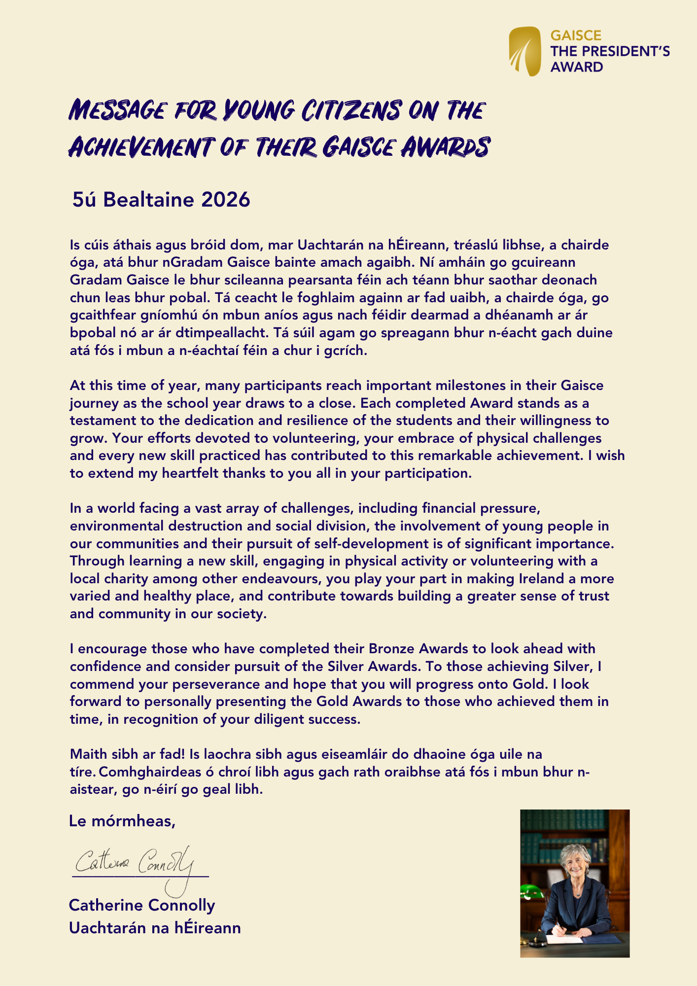 President Catherine Connolly's Message.